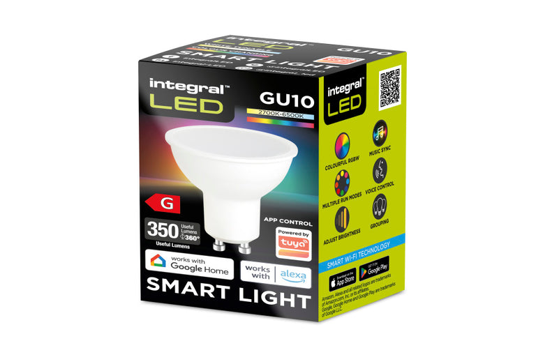 SMART GU10 BULB 350LM 4.9W RGBW 2700K to 6500K TUYA CONTROL 100 BEAM INTEGRAL
