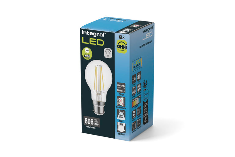 OMNI FILAMENT GLS BULB B22 806LM 7.3W 4000K NON-DIMM 320 BEAM CLEAR FULL GLASS