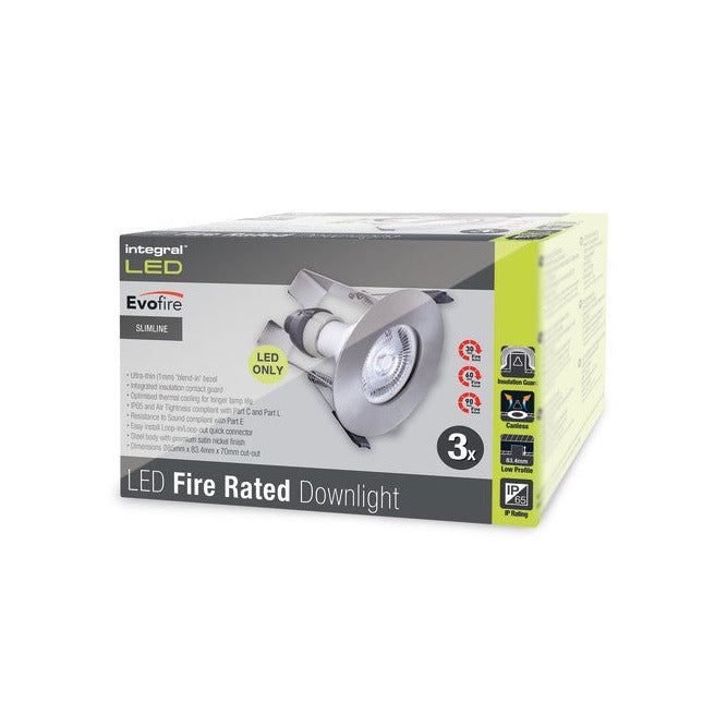 EVOFIRE FIRE RATED DOWNLIGHT 70MM CUTOUT 3PACK IP65 SATIN NICKEL ROUND +GU10 HOLDER & INSULATION GUARD