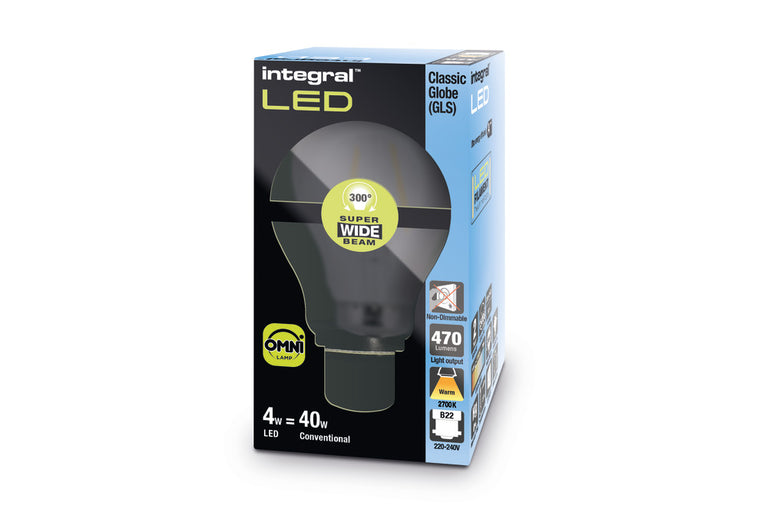 OMNI FILAMENT GLS BULB B22 470LM 3.4W 2700K NON-DIMM 320 BEAM CLEAR FULL GLASS