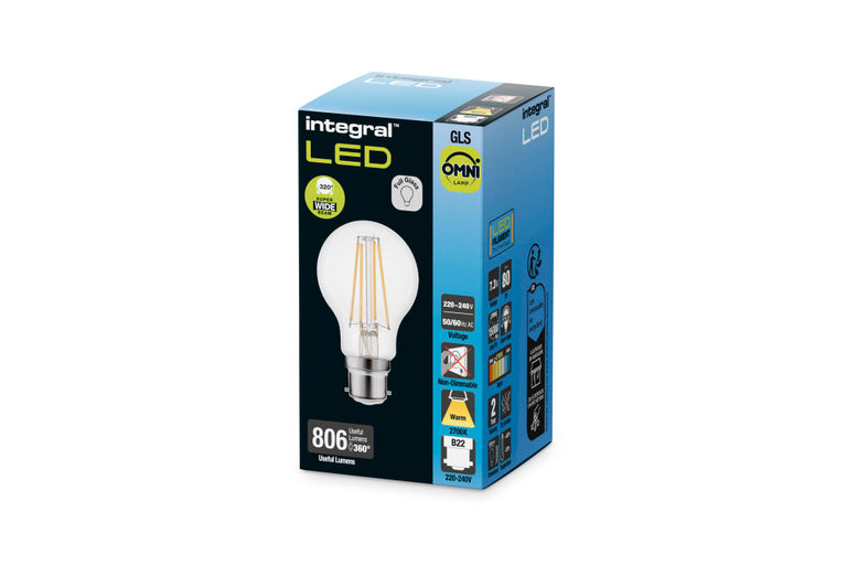 OMNI FILAMENT GLS BULB B22 806LM 7.3W 2700K NON-DIMM 320 BEAM CLEAR FULL GLASS