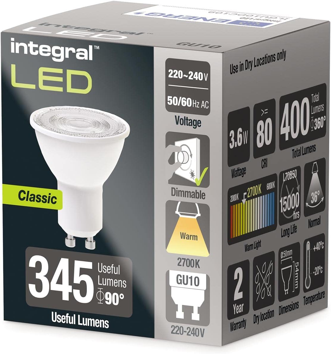 GU10 BULB 400LM 3.6W 2700K DIMMABLE 36 BEAM