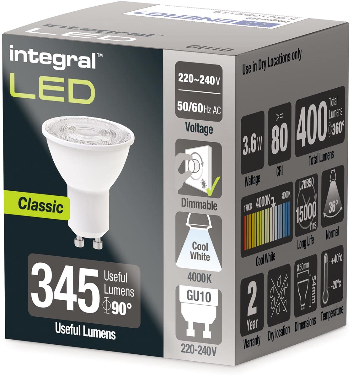 GU10 BULB 400LM 3.6W 4000K DIMMABLE 36 BEAM