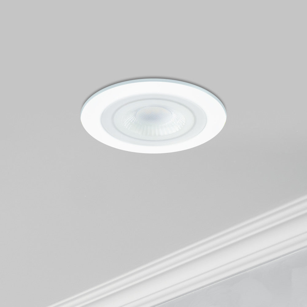 ECOGUARD FIRE RATED DOWNLIGHT 65MM CUTOUT IP65 600LM 5W 3000K 38 BEAM DIMMABLE 120LM/W WHITE