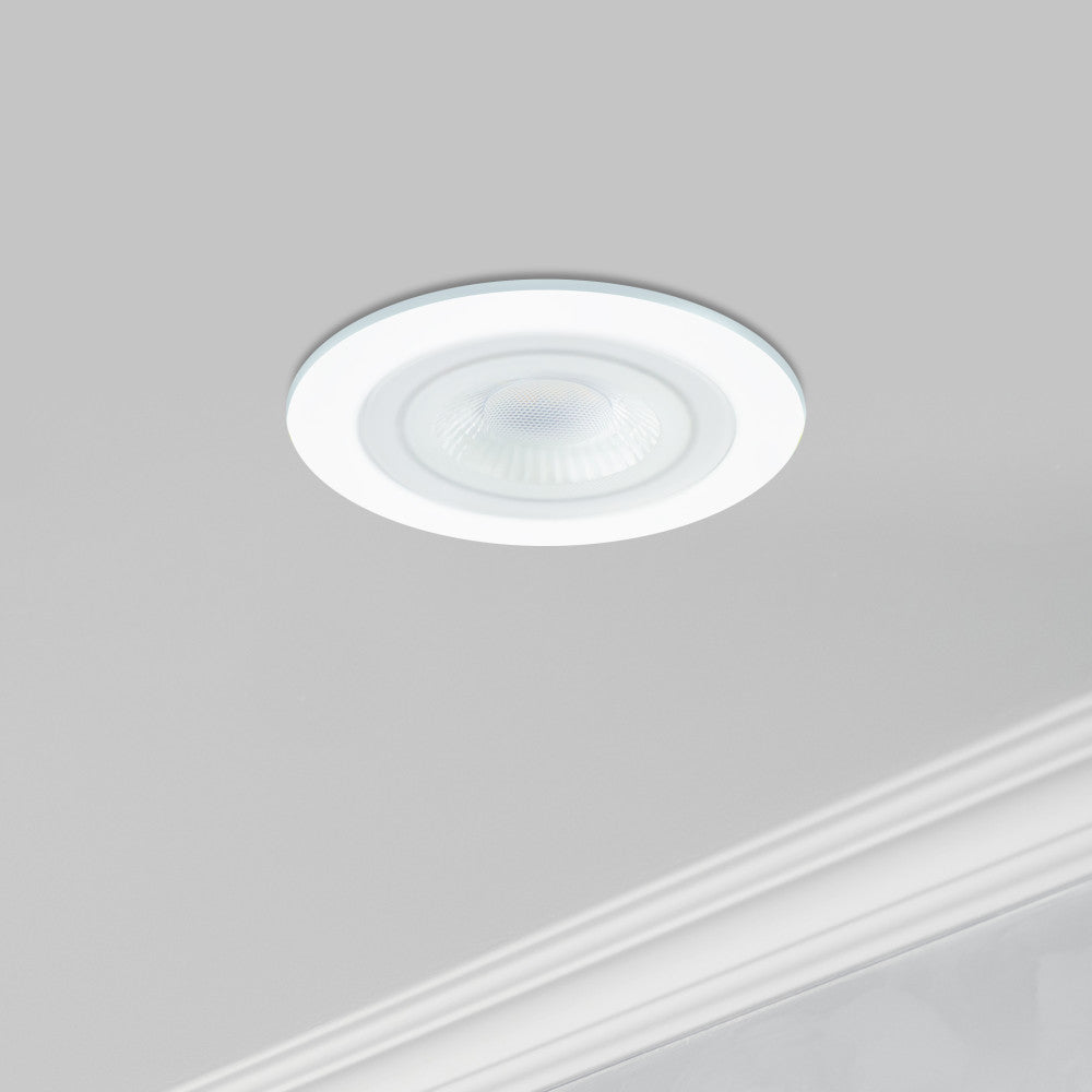 ECOGUARD SMART FIRE RATED DOWNLIGHT FAST CONNECT, 65MM CUTOUT, IP65, 600LM, 5W, RGB 2700K TO 6500K, 38 BEAM DIMMABLE, 120LM/W WHITE