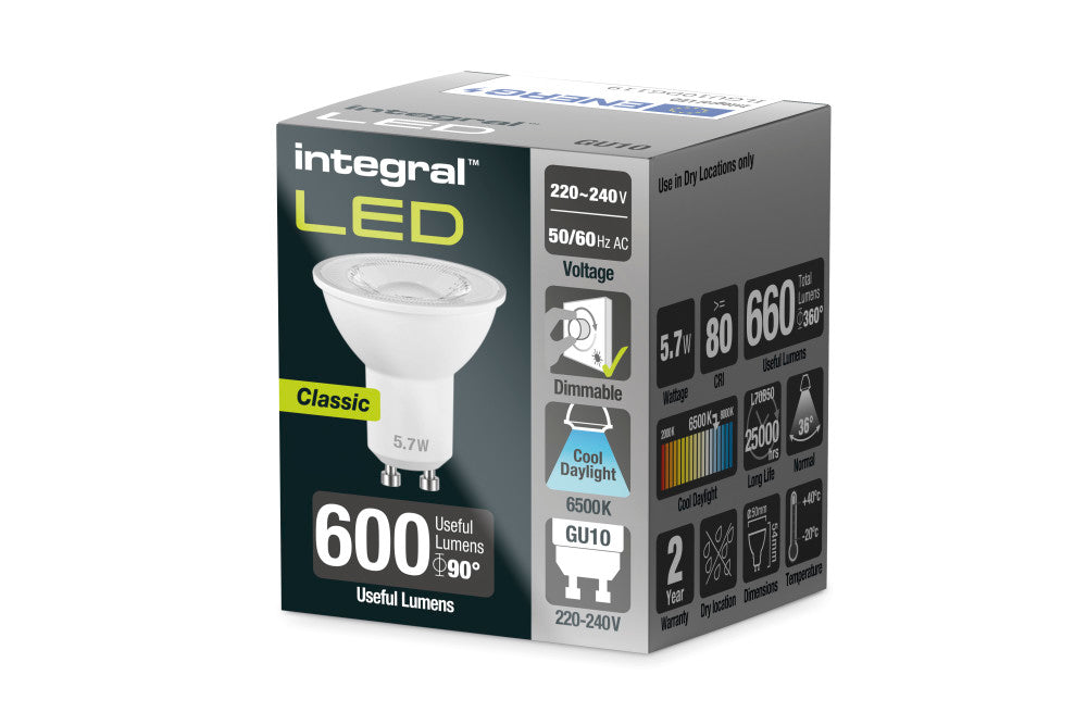 GU10 BULB 660LM 5.7W 6500K DIMMABLE 36 BEAM