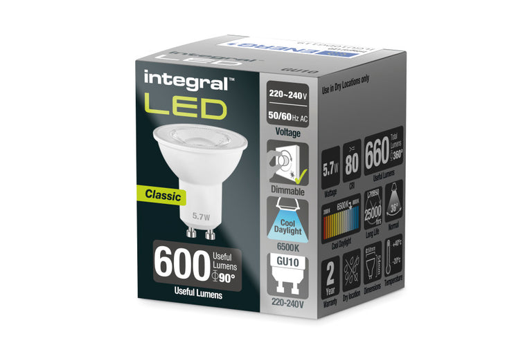 GU10 BULB 660LM 5.7W 6500K DIMMABLE 36 BEAM
