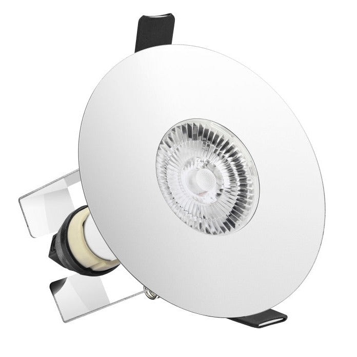 EVOFIRE FIRE RATED DOWNLIGHT 70-100MM CUTOUT IP65 POLISHED CHROME ROUND +GU10 HOLDER & INSULATION GUARD