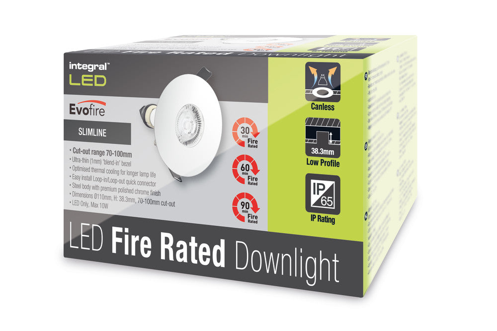 EVOFIRE FIRE RATED DOWNLIGHT 70-100MM CUTOUT IP65 POLISHED CHROME ROUND +GU10 HOLDER