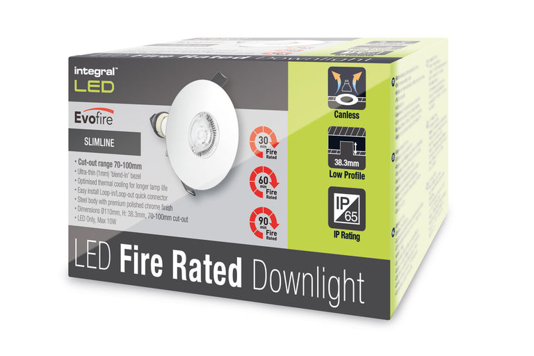 EVOFIRE FIRE RATED DOWNLIGHT 70-100MM CUTOUT IP65 POLISHED CHROME ROUND +GU10 HOLDER