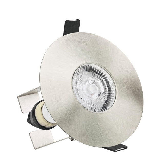 EVOFIRE FIRE RATED DOWNLIGHT 70-100MM CUTOUT IP65 SATIN NICKEL ROUND +GU10 HOLDER & INSULATION GUARD