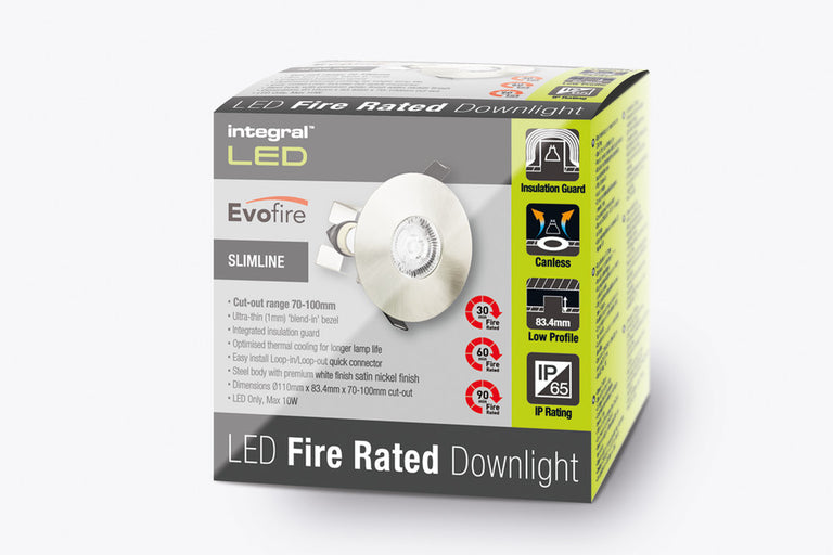 EVOFIRE FIRE RATED DOWNLIGHT 70-100MM CUTOUT IP65 SATIN NICKEL ROUND +GU10 HOLDER & INSULATION GUARD