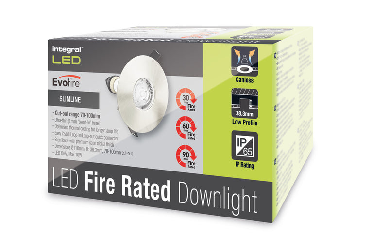 EVOFIRE FIRE RATED DOWNLIGHT 70-100MM CUTOUT IP65 SATIN NICKEL ROUND +GU10 HOLDER