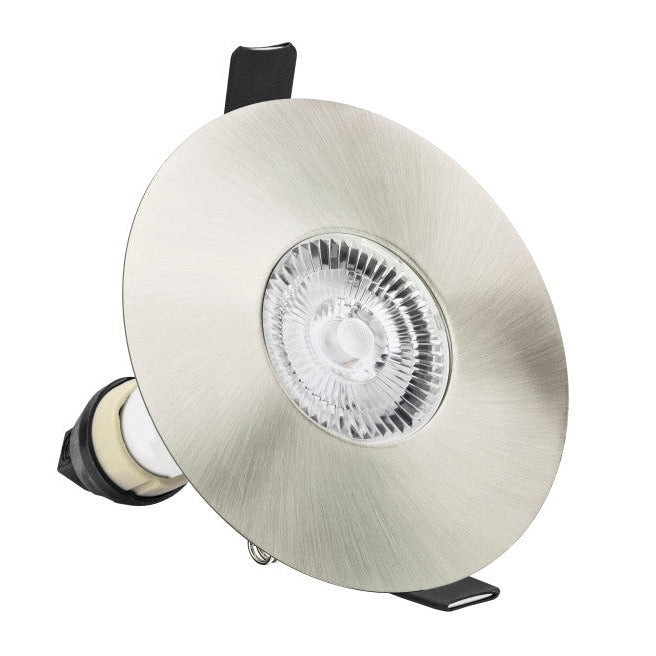 EVOFIRE FIRE RATED DOWNLIGHT 70-100MM CUTOUT IP65 SATIN NICKEL ROUND +GU10 HOLDER