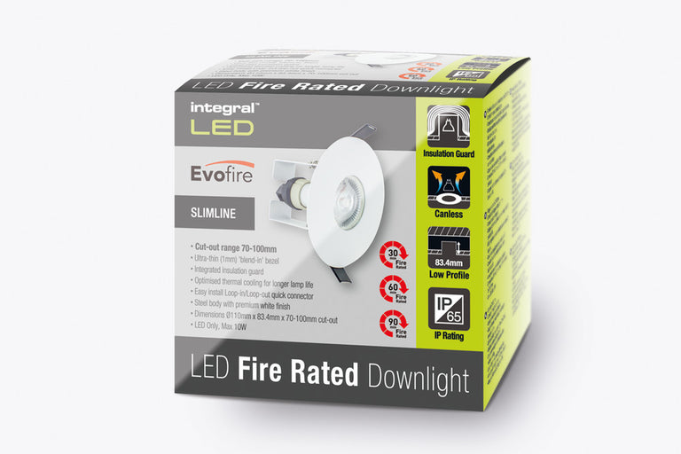 EVOFIRE FIRE RATED DOWNLIGHT 70-100MM CUTOUT IP65 WHITE ROUND +GU10 HOLDER & INSULATION GUARD
