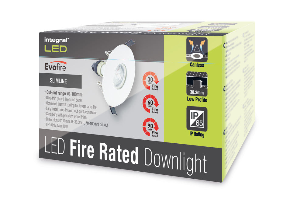 EVOFIRE FIRE RATED DOWNLIGHT 70-100MM CUTOUT IP65 WHITE ROUND +GU10 HOLDER