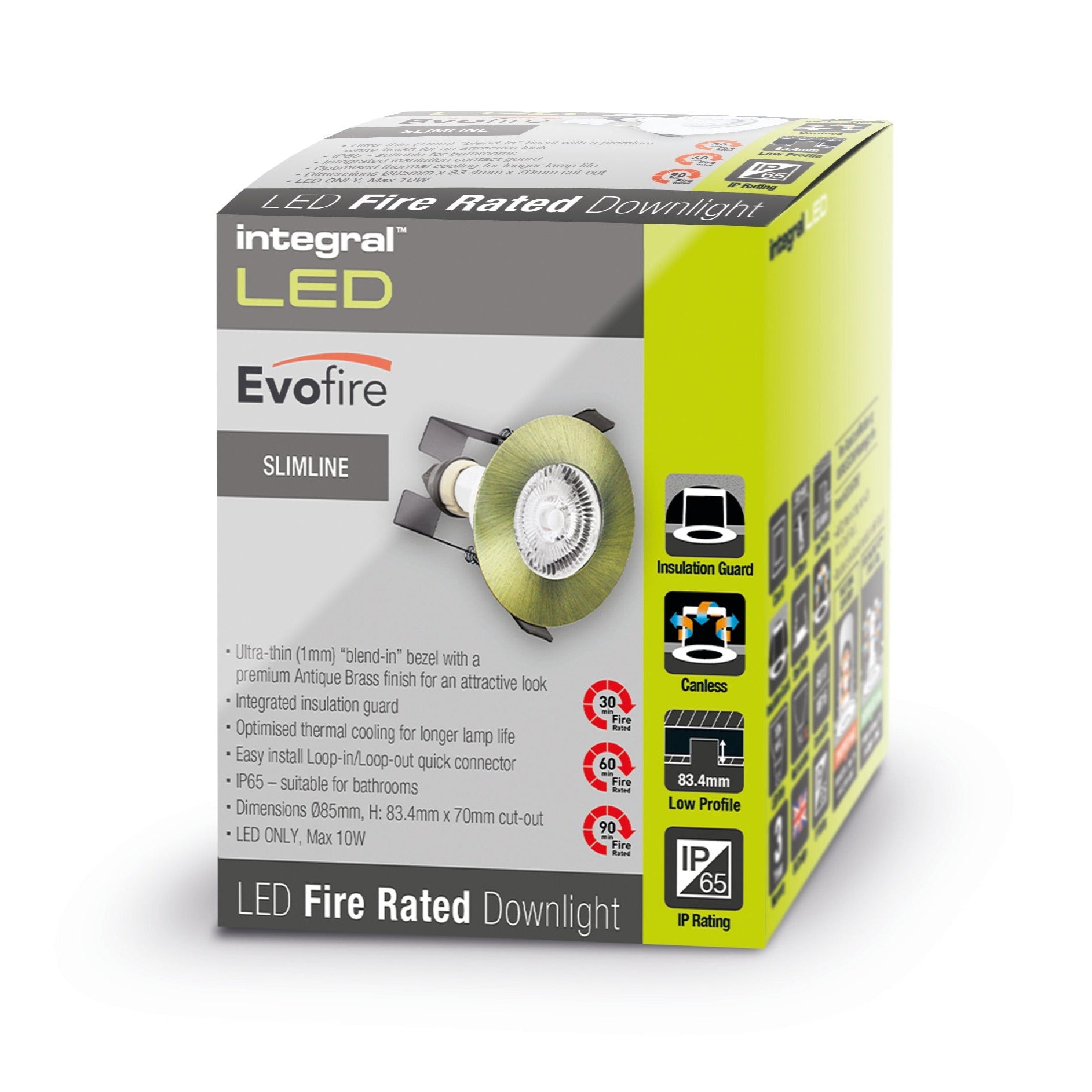 EVOFIRE FIRE RATED DOWNLIGHT 70MM CUTOUT IP65 ANTIQUE BRASS ROUND +GU10 HOLDER & INSULATION GUARD