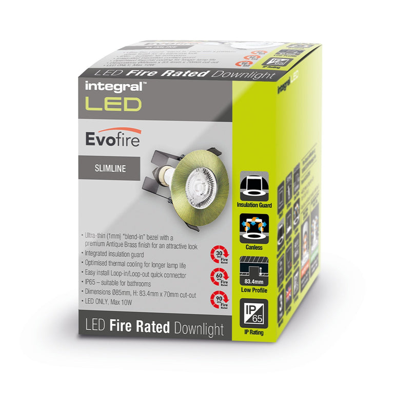 EVOFIRE FIRE RATED DOWNLIGHT 70MM CUTOUT IP65 ANTIQUE BRASS ROUND +GU10 HOLDER & INSULATION GUARD