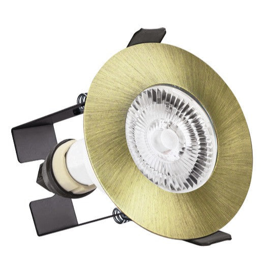 EVOFIRE FIRE RATED DOWNLIGHT 70MM CUTOUT IP65 ANTIQUE BRASS ROUND +GU10 HOLDER & INSULATION GUARD