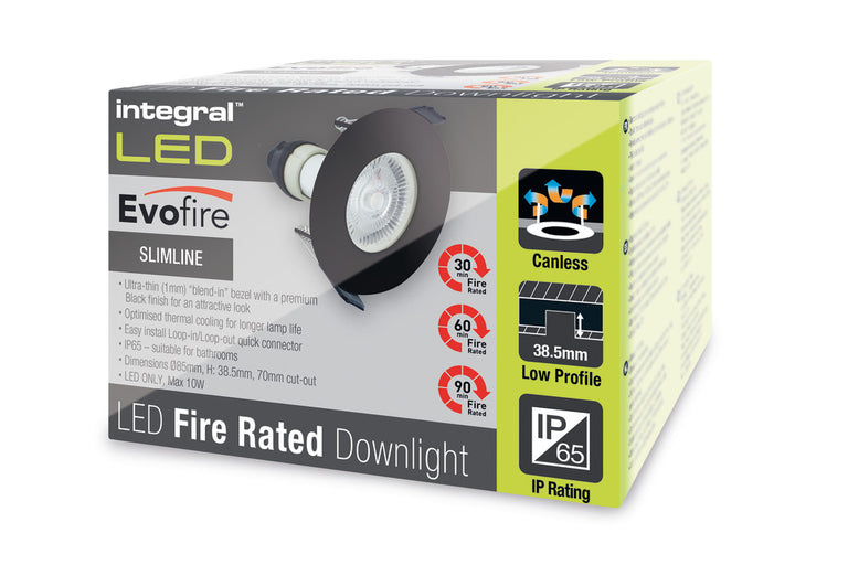 EVOFIRE FIRE RATED DOWNLIGHT 70MM CUTOUT IP65 BLACK ROUND +GU10 HOLDER