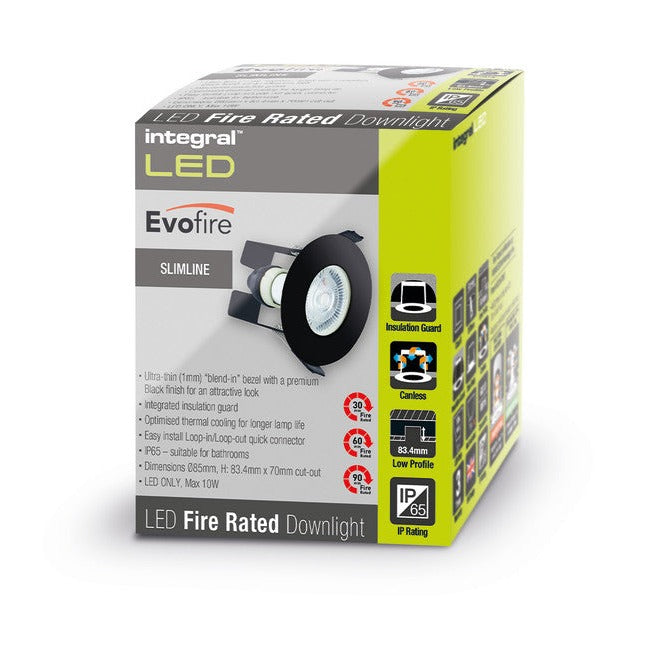 EVOFIRE FIRE RATED DOWNLIGHT 70MM CUTOUT IP65 BLACK ROUND +GU10 HOLDER & INSULATION GUARD