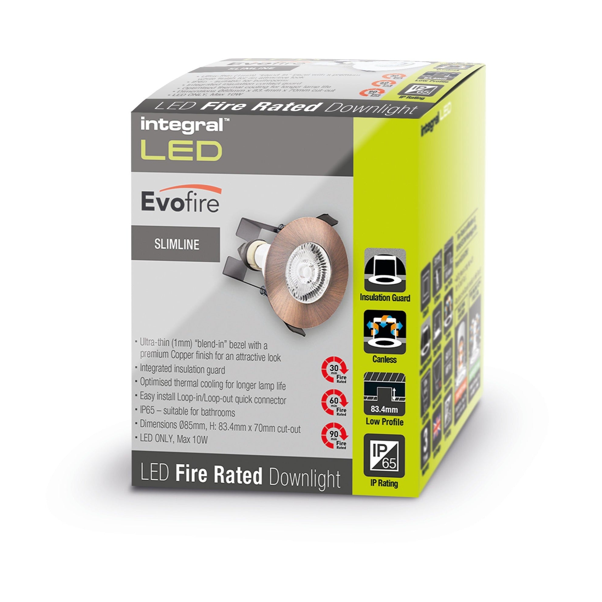 EVOFIRE FIRE RATED DOWNLIGHT 70MM CUTOUT IP65 COPPER ROUND +GU10 HOLDER & INSULATION GUARD