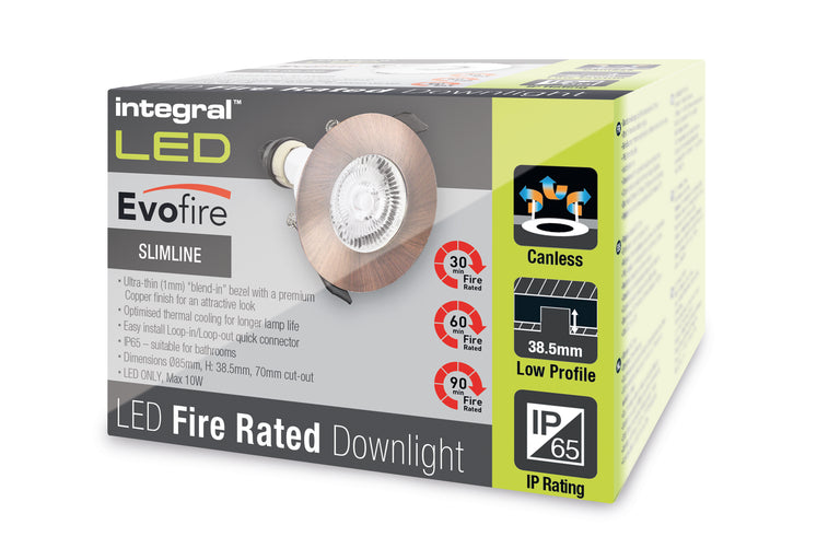 EVOFIRE FIRE RATED DOWNLIGHT 70MM CUTOUT IP65 COPPER ROUND +GU10 HOLDER