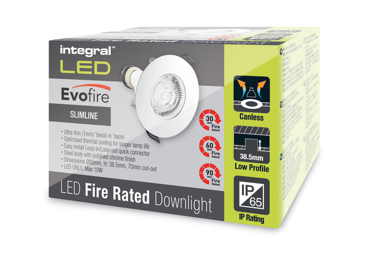 EVOFIRE FIRE RATED DOWNLIGHT 70MM CUTOUT IP65 POLISHED CHROME ROUND +GU10 HOLDER
