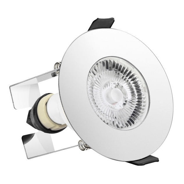EVOFIRE FIRE RATED DOWNLIGHT 70MM CUTOUT IP65 POLISHED CHROME ROUND +GU10 HOLDER & INSULATION GUARD