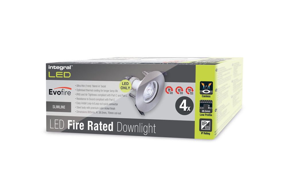 EVOFIRE FIRE RATED DOWNLIGHT 70MM CUTOUT 4PACK IP65 SATIN NICKEL ROUND +GU10 HOLDER