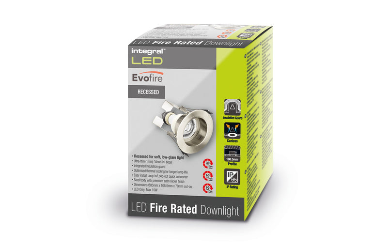 EVOFIRE FIRE RATED DOWNLIGHT 70MM CUTOUT IP65 SATIN NICKEL RECESSED +GU10 HOLDER & INSULATION GUARD