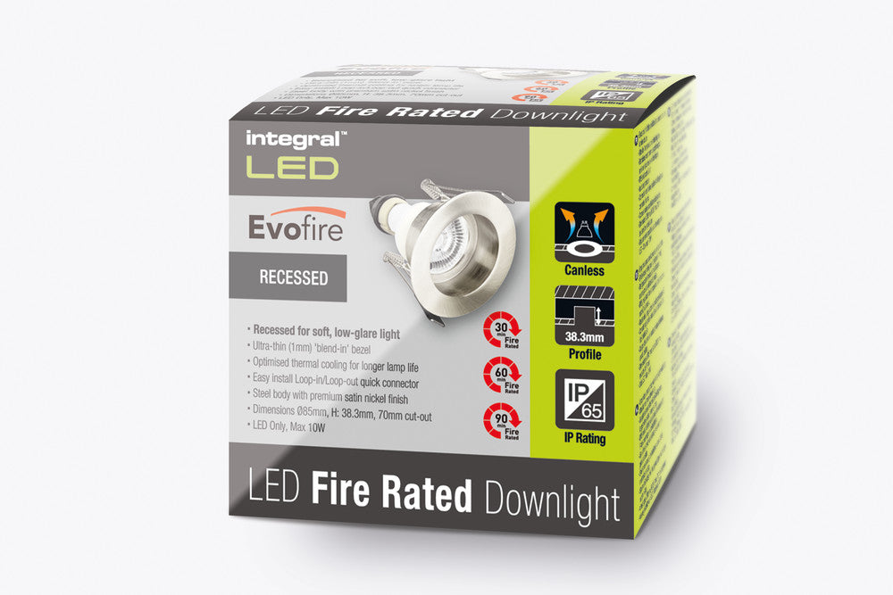 EVOFIRE FIRE RATED DOWNLIGHT 70MM CUTOUT IP65 SATIN NICKEL RECESSED +GU10 HOLDER