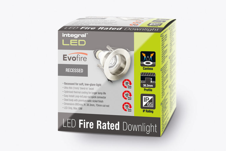 EVOFIRE FIRE RATED DOWNLIGHT 70MM CUTOUT IP65 SATIN NICKEL RECESSED +GU10 HOLDER