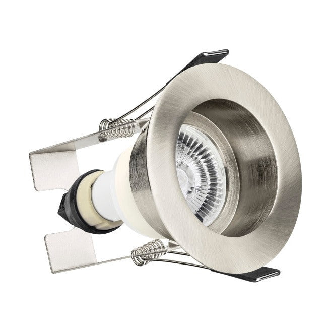 EVOFIRE FIRE RATED DOWNLIGHT 70MM CUTOUT IP65 SATIN NICKEL RECESSED +GU10 HOLDER & INSULATION GUARD