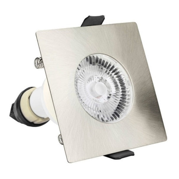 EVOFIRE FIRE RATED DOWNLIGHT 70MM CUTOUT IP65 SATIN NICKEL SQUARE +GU10 HOLDER
