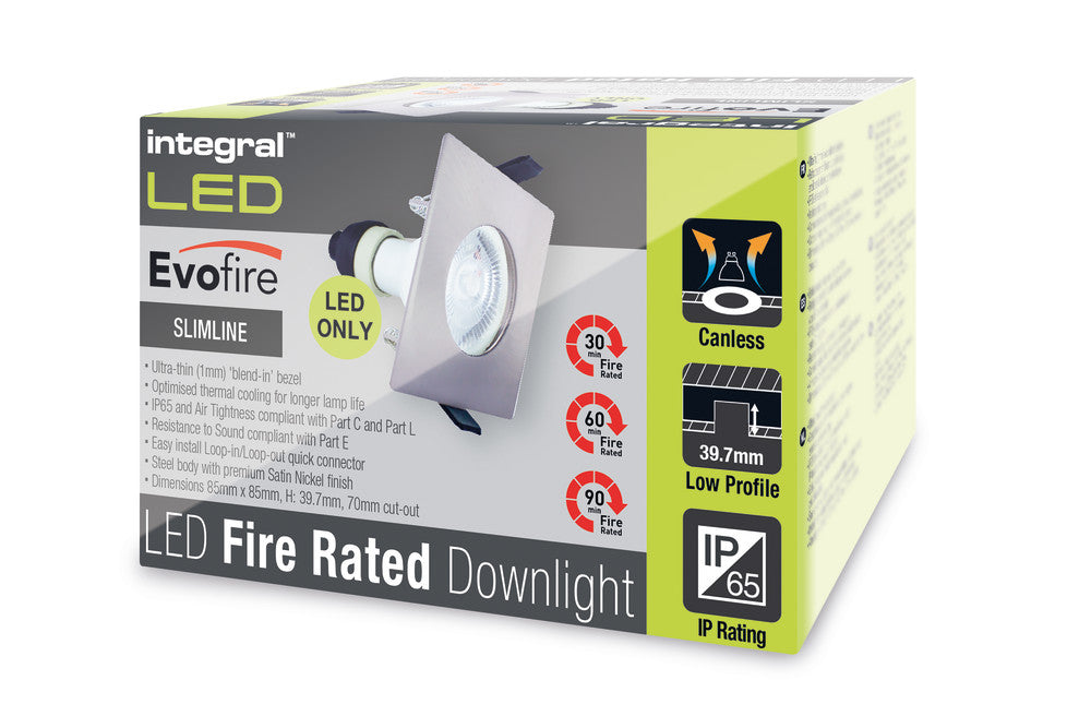 EVOFIRE FIRE RATED DOWNLIGHT 70MM CUTOUT IP65 SATIN NICKEL SQUARE +GU10 HOLDER