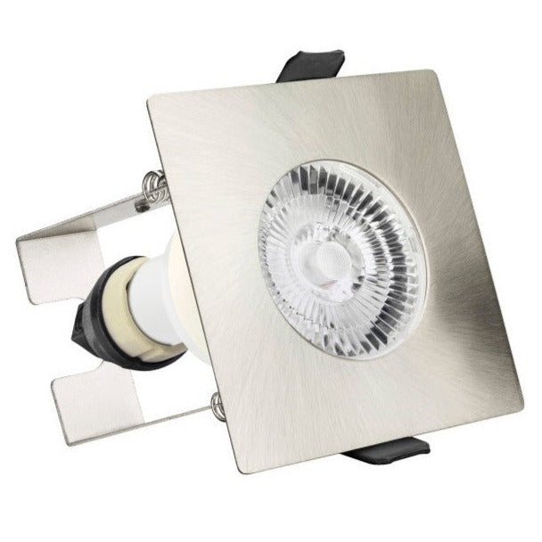 EVOFIRE FIRE RATED DOWNLIGHT 70MM CUTOUT IP65 SATIN NICKEL SQUARE +GU10 HOLDER & INSULATION GUARD