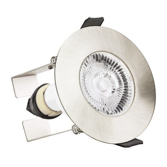 EVOFIRE FIRE RATED DOWNLIGHT 70MM CUTOUT IP65 SATIN NICKEL ROUND +GU10 HOLDER & INSULATION GUARD