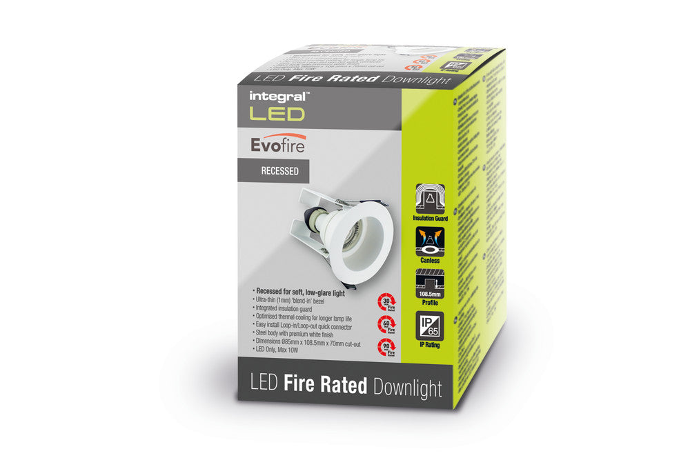 EVOFIRE FIRE RATED DOWNLIGHT 70MM CUTOUT IP65 WHITE RECESSED +GU10 HOLDER & INSULATION GUARD