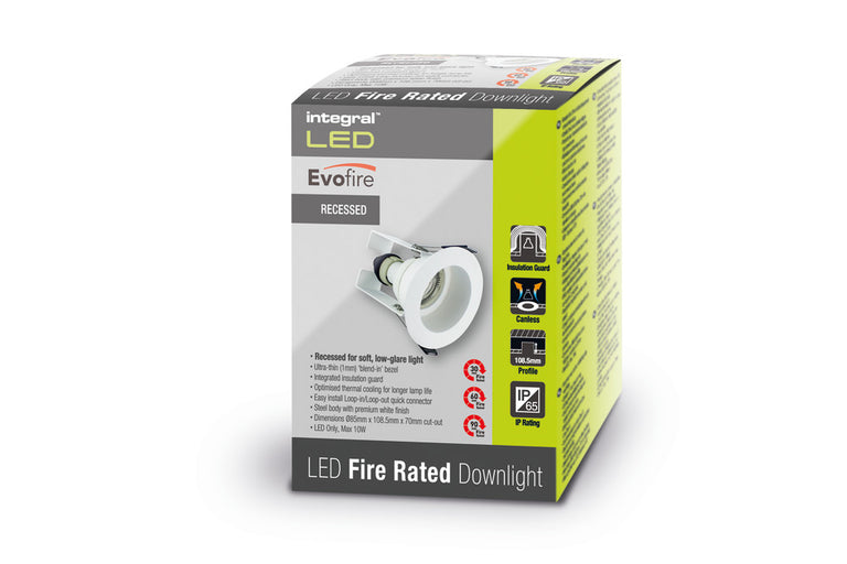 EVOFIRE FIRE RATED DOWNLIGHT 70MM CUTOUT IP65 WHITE RECESSED +GU10 HOLDER & INSULATION GUARD