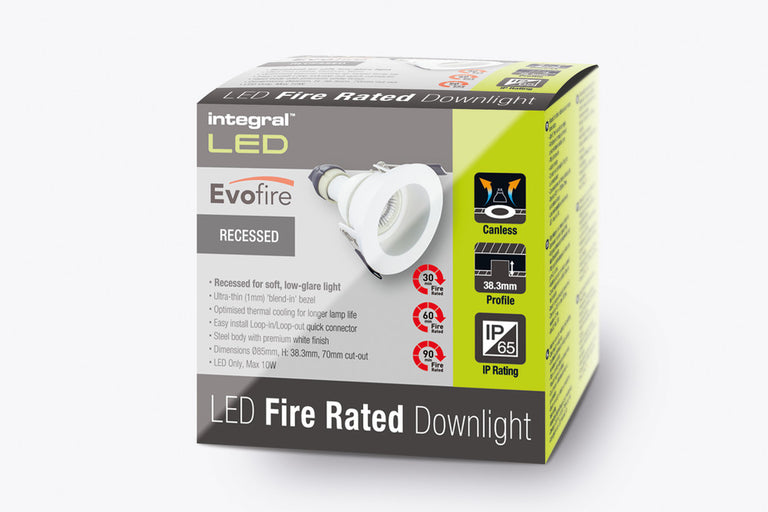 EVOFIRE FIRE RATED DOWNLIGHT 70MM CUTOUT IP65 WHITE RECESSED +GU10 HOLDER