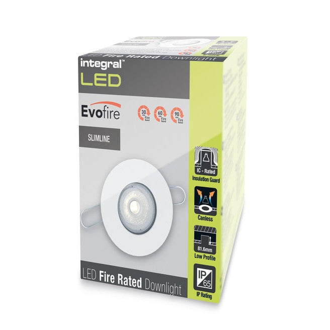 EVOFIRE FIRE RATED DOWNLIGHT 70MM CUTOUT IP65 WHITE ROUND +GU10 HOLDER & INSULATION GUARD
