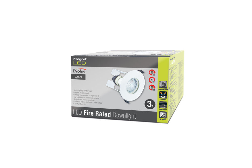 EVOFIRE FIRE RATED DOWNLIGHT 70MM CUTOUT 3PACK IP65 WHITE ROUND +GU10 HOLDER & INSULATION GUARD