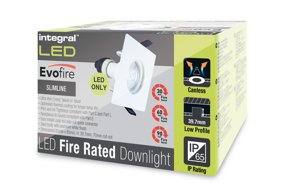 EVOFIRE FIRE RATED DOWNLIGHT 70MM CUTOUT IP65 WHITE SQUARE +GU10 HOLDER