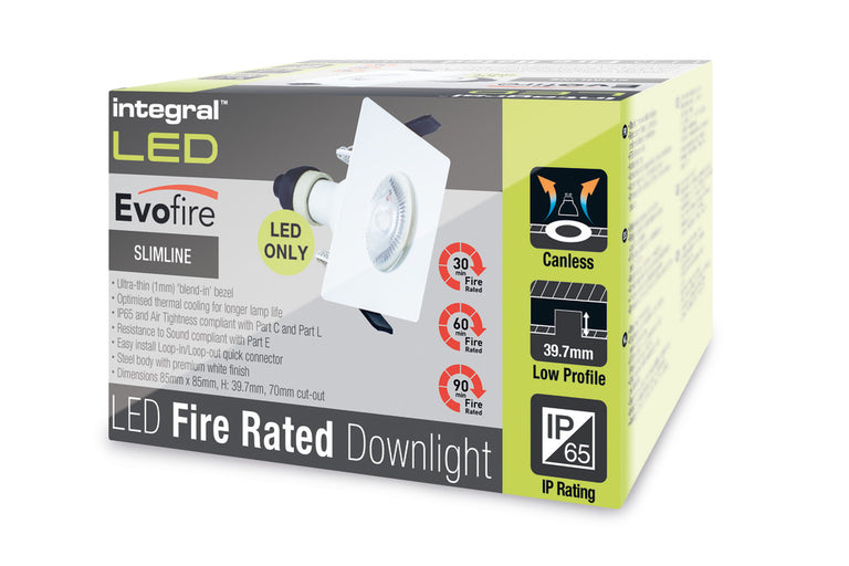 EVOFIRE FIRE RATED DOWNLIGHT 70MM CUTOUT IP65 WHITE SQUARE +GU10 HOLDER