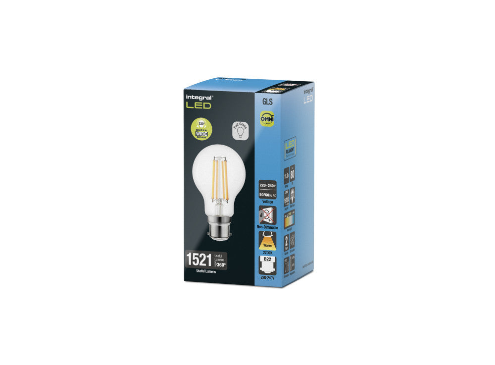 OMNI FILAMENT GLS BULB B22 1521LM 11.2W 2700K NON-DIMM 300 BEAM CLEAR FULL GLASS