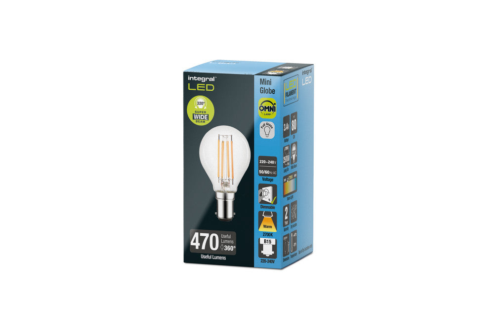 OMNI FILAMENT GOLF BALL BULB B15 470LM 3.4W 2700K DIMMABLE 320 BEAM CLEAR FULL GLASS