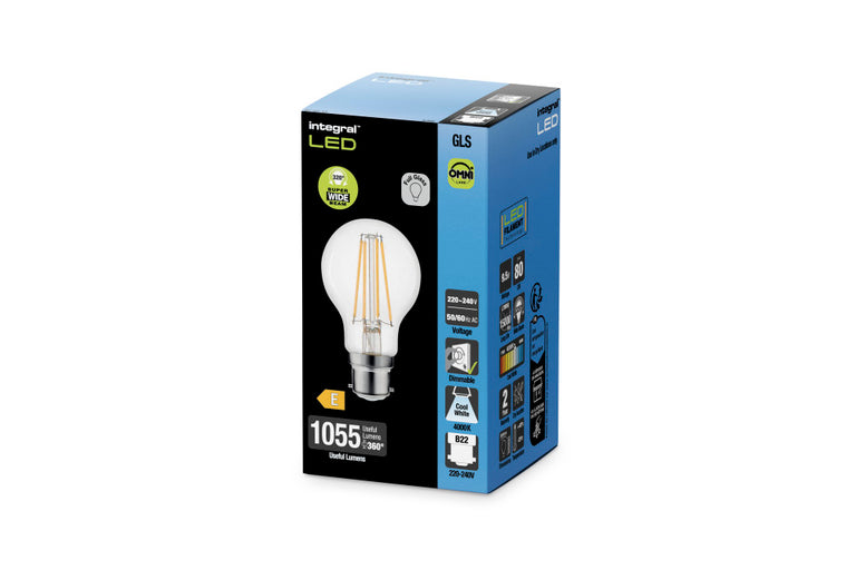OMNI FILAMENT GLS BULB B22 1055LM 9.5W 4000K DIMMABLE 320 BEAM CLEAR FULL GLASS