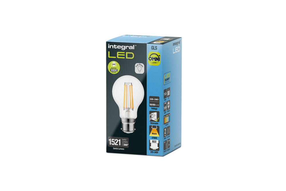 OMNI FILAMENT GLS BULB B22 1521LM 11.2W 2700K DIMMABLE 320 BEAM CLEAR FULL GLASS