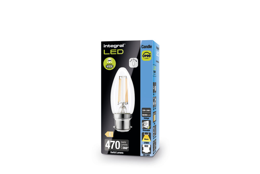 OMNI FILAMENT CANDLE BULB B22 470LM 4.2W 2700K DIMMABLE 320 BEAM CLEAR FULL GLASS